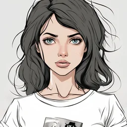Portrait, brunette character with black hair, t-shirt comic book illustration looking straight ahead, pretty freckles