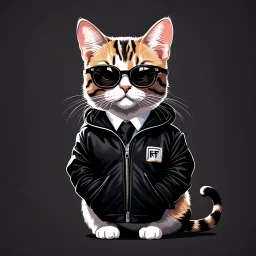 Drawing of a cat with black jacket and glasses NFT style