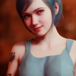 potrait girl look beautiful, eyes like ocean blue, short hair, smile, 8k, rtx, eyebrows like serious, facing left, real, cute, shy expression, hyper realistis