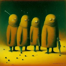 Style by Pawel Kuczynski and Squeak Carnwath and Zdzislaw Beksinski, dramatic '70s nightmare ultra sinister underground cartoon, shy anthropomorphic peanut men carrying guns,