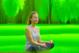 "A person smiles and feels contentment and serenity while practicing meditation in nature. They may be sitting on the grass or by a tranquil lake, placing their hands on their knees, and blissfully closing their eyes 4K