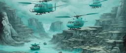 A cyan cloudy mine with helicopters painted by Guo Xi