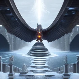 fantasy art, book cover, isometric big mad wizard in front of the ebony stairs of a bridge or dam ,icy water, on the bridge is a wolf, there is also a hawk