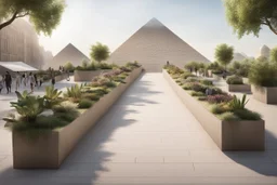 urban design tourist walkway with the pyramids , street seating , planters