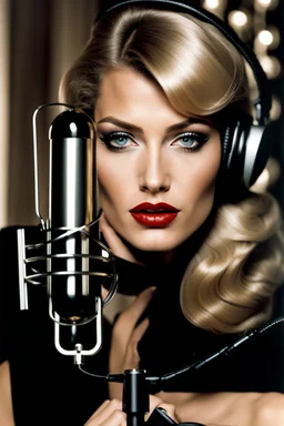 portrait, beauty supermodel, close up, helmut newton, perfect face, lamp or microphone or radio or telephone