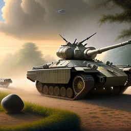 Ralph mcquarrie painting of a Futuristic armored tank in the jungle with treads and jets flying overhead, 4k, highly detailed, minutiae, trail, boulders