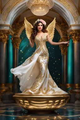 Photography Angel wearing a magical gown of swirly flowing marble water gold filigree curlicues, flowering flowers, bloom, sparkle, ornamental gilt, diamonds, rubies, emeralds, sapphires, beautiful, delicate, intricate, elegant, graceful, shiny, Hyperrealism, Rococo, expressive, spherical, zoom out, volumetric lighting