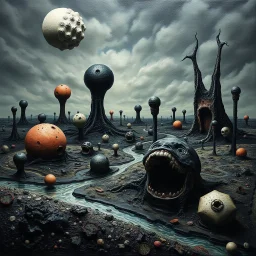 Landscape with odd Yves Tanguy surreal forms, organic, creepy, strong texture, fiotti di liquido nero, horror, panic, obsessive, hypnotic, real world