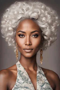 frontal portrait of beautiful woman with prominent cheekbones, rounder face exotic look, 28 years young with caramel skin tone, white hair and grey eyes, Brazil, Simone missick Taveeta Szymanowicz