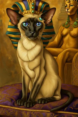 A Oriental shorthair Siamese cat wearing a small Pharoah's crown .The cat is sitting up tall on a purple velvet royal Egyptian cushion with intricate gold design and gold thread tassels. BG is Pharoah on his throne in painterly, airbrushed, image. Bing.