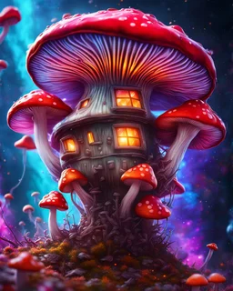 singular weird floating mushroom house in space. intense cosmic space, intergalactic. Detailed gloss Painting, bright random color, fantastical, intricate detail, splash screen, hyperdetailed, insane depth, concept art, 8k resolution, trending on Artstation, Unreal Engine 5, color depth, backlit, splash art, dramatic, High Quality Whimsical Fun Imaginative unusual, good composition