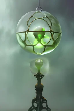 floating suspended translucent glowing orb above pedestal, misty, inside overgrown moss vines labrotory, sacred geometry object inside translucent floating orb, aura foggy mist, tesseract, purple, green, gold