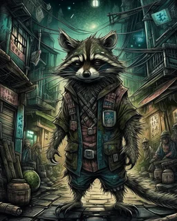 highly detailed concept illustration of an alternate reality ancient China racoon wanderer in dark street, maximalist, highest resolution, in the styles of Alex Pardee, Denis Forkas, and Masahiro Ito, boldly inked, 8k, coarse, gritty textures