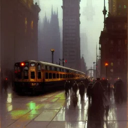 Central Square with a statue and Elevated train, traffic, Gotham city, Neogothic architecture by Jeremy mann, point perspective, Alphonse mucha