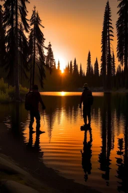 Two silhuet hikers walking near a lake in the forest, in a mountaion setting in sunset