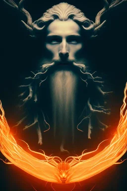 portrait photography of an ethereal beautiful animal god, Fire theme art, Dark moody night atmosphere, Portrait of a man by Michelangelo, 8K, close-up face, anatomically perfect face, oak tree roots, ignore NSFW