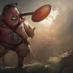 Insanely detailed photograph of an “portrait of a Giant Downsyndrome D&D barbarian holding a frying pan wearing a red loincloth laughing”, smiling clear face and hyperdetailed painting by Ismail Inceoglu Huang Guangjian and Dan Witz CGSociety ZBrush Central fantasy art album cover art,8K, hdr, epic, mysterious, ominous, hands focused on a glowing D20, jewelry, motivated