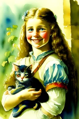 A cute smiling austrian girl is holding a kitten. Watercolour