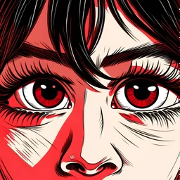 closeup of female eye with a very angry expression and red eyes, drawn in vintage 80s anime style