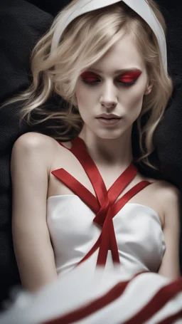 A blonde girl in her twenties, with white wings, and a red bandage over her eyes. She sleeps on a luxurious black carpet. Cinematic photo from above.