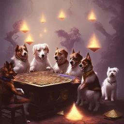 four dogs playing Magic The Gathering