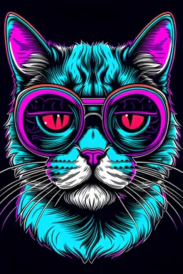 Cat wearing sunglasses, Style: Retro 80s, Mood: Groovy, Lighting: Neon Glow, T-shirt design graphic, vector, contour, white background.