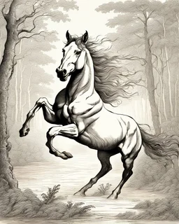 A centaur majestically galloping through the dense forest in the style of gustav dore, fantastical landscape, soft strokes , mythology portrait, classic painting