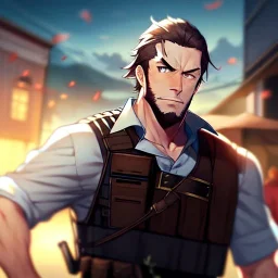 Clear Focus, High resolution, gunslinger, Bearded, short brown hair, serious eyes,