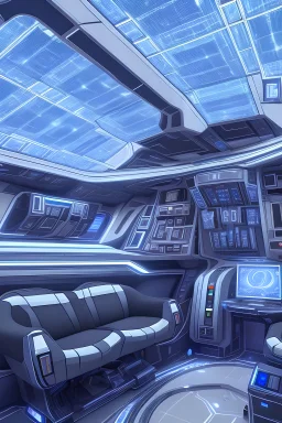 intérieur de vaisseau galactique bleuté, portes, écrans, grands espaces, canapé
