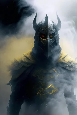 fog and smoke in a shape of humanoid and a colour of a storm with yellow eyes wearing a scalemail armor