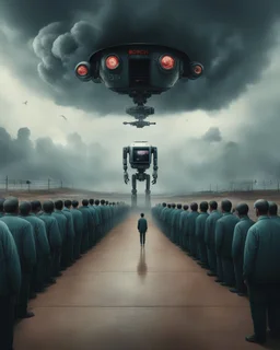 Bosch painting style, nightmare , an Ai robot watching a prisoners lined up in circle , one after another , great quality picture with cinematic scenes , heavy clouds in the background