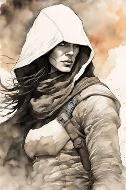 create an ink wash and watercolor, fine art print full body portrait illustration of a rugged gritty, roughly textured, hooded, black clad and dusty Fremen female mercenary with highly detailed feminine facial features, amidst the billowing desert storms of Arrakis, in the comic book art style of Bill Sienkiewicz, and Jean Giraud Moebius, finely textured, drawn, colored, and inked,