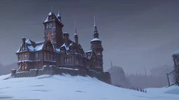 large castle in the snowy mountains