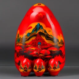 A red volcano with pyrokinetic fire designed in Matryoshka nesting dolls painted by Wassily Kandinsky