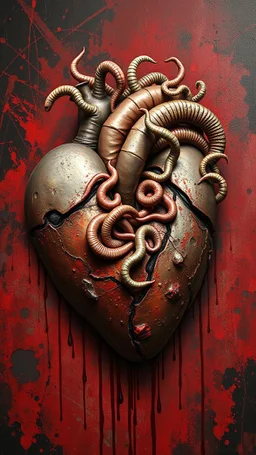 Bosch style painting , A 3D s lot of worms coming out of the middle of a rusty metallic open heart in details on red and black bloody background