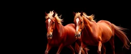 2 horses running towards the viewer, the left side horse veering to the left, the right side horse going to the right. red tones, black background