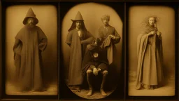 Daguerrotype close up some mysterious figures, odd background, cinematic, Hieronymus Bosch Max Ernst ambient light, by Minicavio Quollati and Marlost Endgulp, Amano, Botticelli, Alphonse Mucha