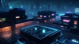 Dice scattered across a futuristic cityscape rooftop at night, neon lights reflecting off their surfaces. Rain slicks the metal, and flying vehicles streak across the background.
