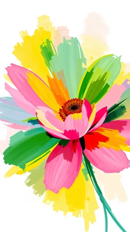 A vibrant and colorful abstract flower with bold, expressive brushstrokes in shades of pink, yellow, green, and blue. The flower appears to be the main focus, with a soft, dreamlike background