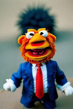 a Film Photograph of an angry orange Donald Trump Muppet made of felt and fur wearing a dark blue suit and red tie, he is angry and old - he is full of rage and anger, he hates everyone