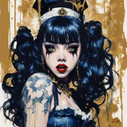 Poster in two gradually, a one side malevolent goth vampire girl face show his tonge, and other side the Singer Melanie Martinez face, painting by Yoji Shinkawa, darkblue and gold tones,