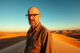 man looking like "Walter White" in breaking bad tv show, bald and goatee glasses, standing on a desert hill in Sahara in sunset, panorama picture with long shadows, he is standing a long way back perspective, full body picture