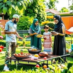 Muslim family at backyard with parbaque