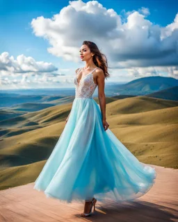 full-body closeup shot of a young, beautiful girl with a perfect face and makeup,wearing pretty dance dress standing in a stage in open air nice hills , blue sky ,pretty clouds at distant