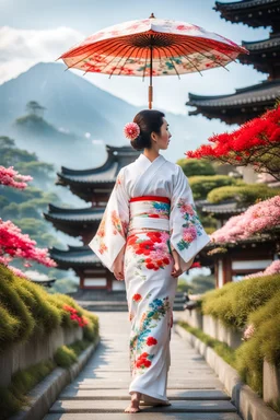 serene and captivating scene of a graceful Japanese woman dressed in an exquisitely designed white kimono adorned with colorful flower patterns. She gently carries a traditional Japanese umbrella as she walks towards a majestic temple. The background showcases a breathtaking panorama of the viewer's landscape, with the temple appearing in the distance. Surrounding the temple, lush green plants and blooming flowers add a touch of vibrant color amidst the pastel yellow and orange hues of the sunri