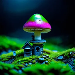 "Close up of a wonderful tiny Mushroom Tower home. green and magenta with bright white, deep black and contrasting tones of gray. Illuminated bioluminescent forest. Professional painter, master at composition. small but detailed. broken, blurred background, voluminous lighting"