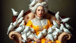 Baroque-style portrait featuring a woman seated on an ornate, tufted armchair. She has a fair complexion, red lips, and is wearing an elaborate white wig adorned with intricate details. Her dress is a striking combination of yellow and white, with a high lace collar and detailed embroidery. Surrounding her are numerous birds, predominantly white with hints of blue and yellow, perched on the armchair and nearby surfaces. The background is a muted green with subtle floral patterns, adding to the o