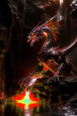 Gargantuan Red dragon with glowing red eyes in dark waterfall