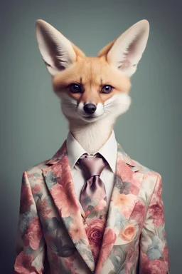 Fennec fox dressed in an elegant floral suit. Fashion portrait of an anthropomorphic animal, dog, posing with a charismatic human attitude