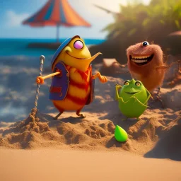 The hangman and the locust on the beach happily making sandcastles in the sun, art by Pixar and Dreamworks